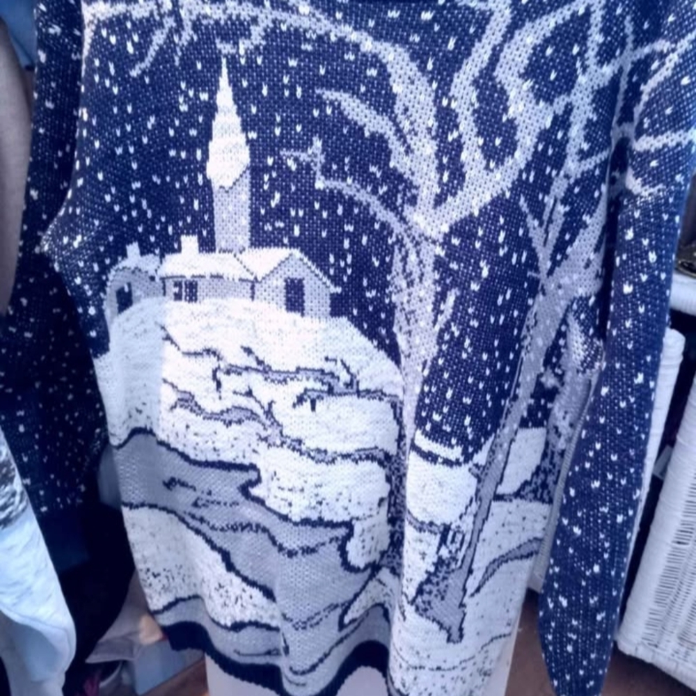 Vintage Winter Scene Sweater - Blue and White
